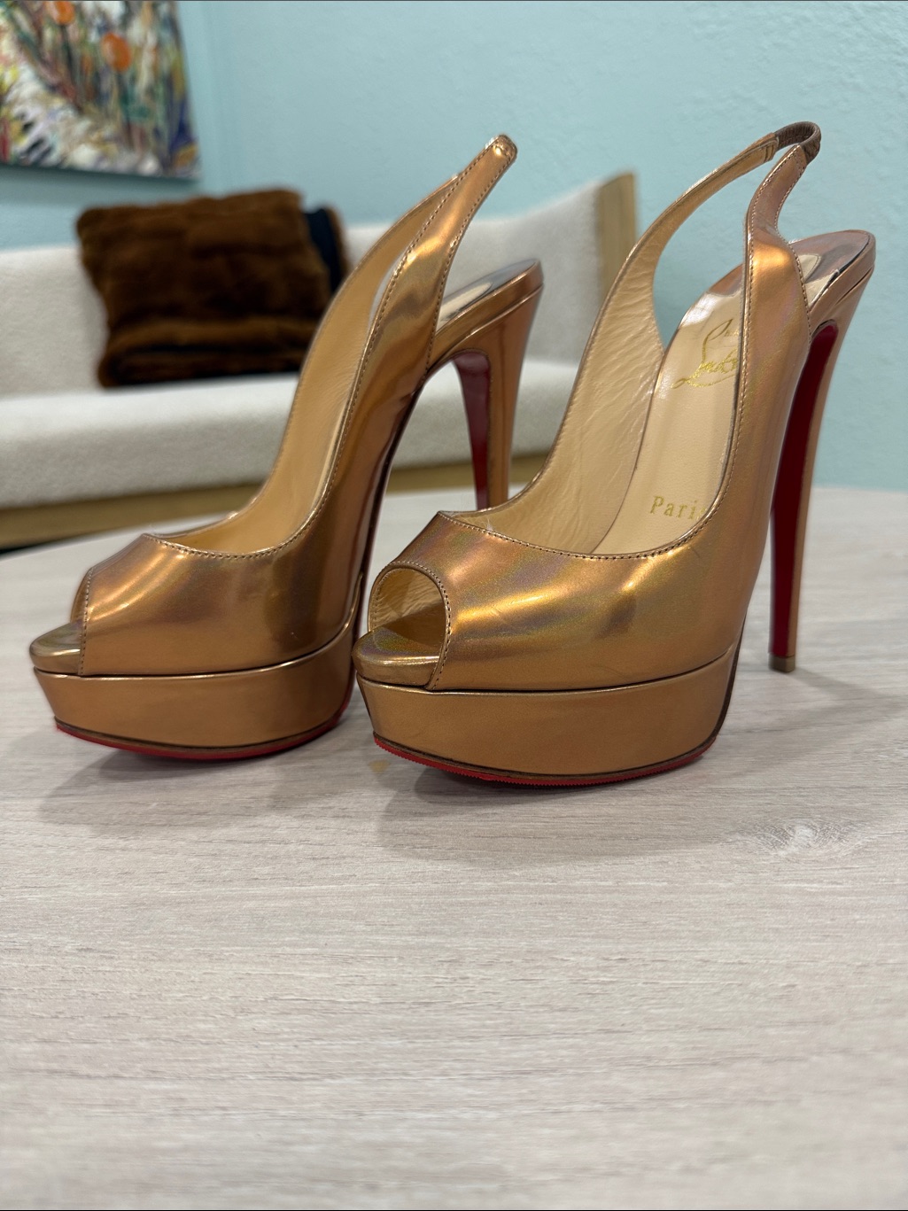 Christian Louboutin Metallic Bronze Peep-Toe Platform Slingbacks